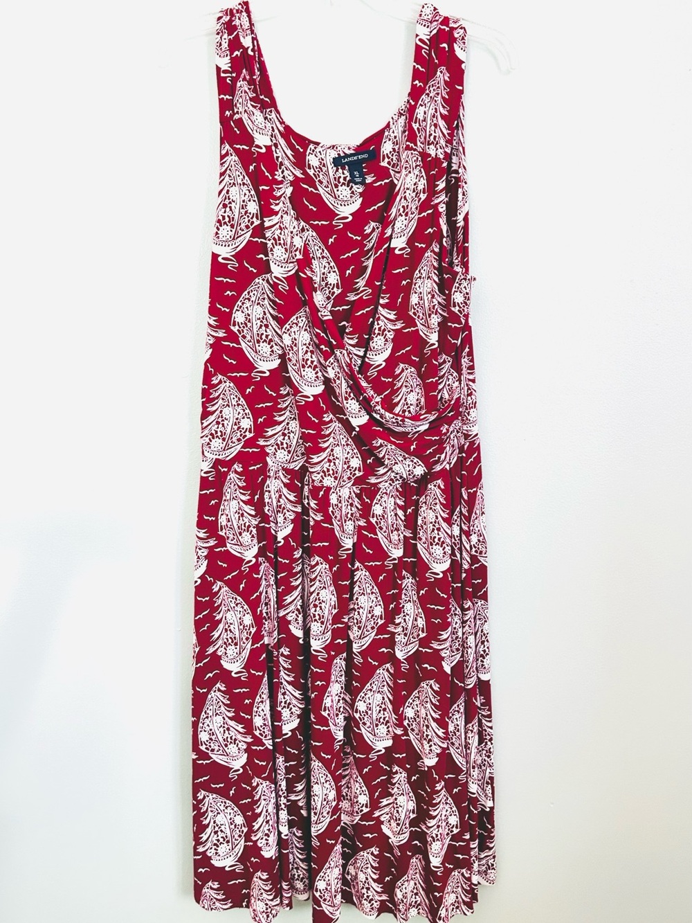 Lands' End Red & White Printed Sleeveless Maxi Dress Sleeveless Faux Wrap